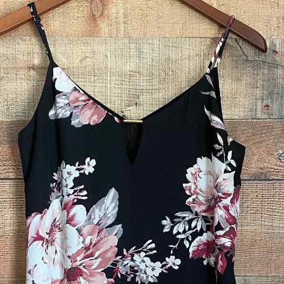 Socialite Mini Slip Dress Tunic Top Black Floral Spaghetti Straps Keyhole Neck - Picture 2 of 6